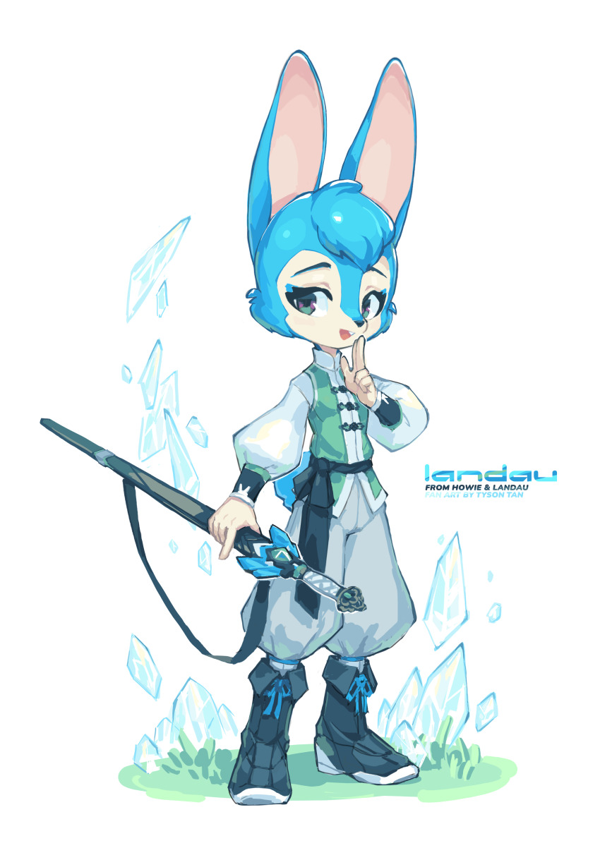 1girl, 2023, absurdres, animal_ears, blue_eyeliner, blue_hair, boots, chinese_clothes, chinese_commentary, commentary, english_commentary, eyeliner, furry, furry_female, grass, green_eyes, green_shirt, hair_tuft, highres, holding, holding_sword, holding_weapon, hongmao_and_lantu, ice, jian_(weapon), krita_(medium), lantu, light_blush, long_sleeves, looking_at_viewer, makeup, on_ground, open_mouth, pankou, pants, rabbit, rabbit_ears, rabbit_girl, rabbit_tail, raised_inner_eyebrows, shirt, signature, simple_background, smile, standing, sword, tail, tareme, tyson_tan, weapon, wuxia