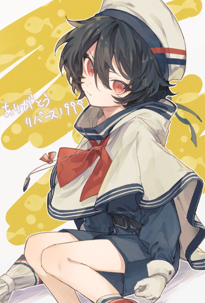 1girl, black_hair, blue_shirt, blue_shorts, bow, bowtie, cloak, closed_mouth