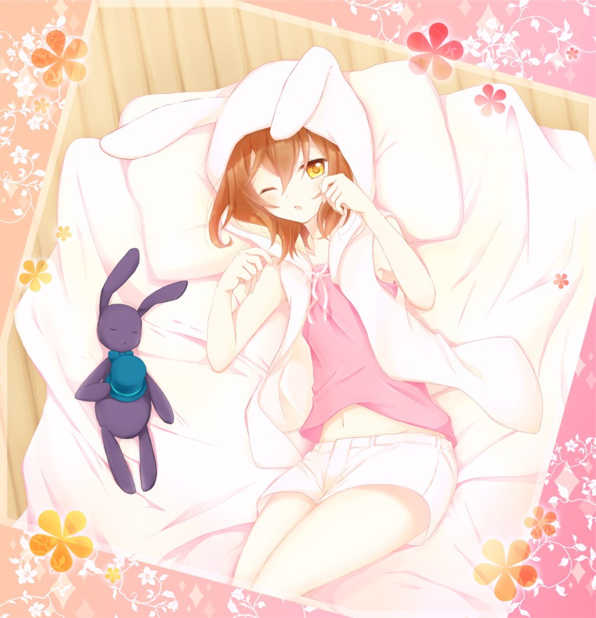 1boy, ;o, akane_(goma), animal_ears, bad_id, bad_pixiv_id, bed, brown_eyes, brown_hair, rabbit, rabbit_ears, futon, goma_(11zihisin), hat, hood, hoodie, looking_at_viewer, lying, male_focus, midriff, navel, on_side, one_eye_closed, open_mouth, original, pillow, short_hair, shorts, solo, souta_(goma), stuffed_animal, stuffed_rabbit, stuffed_toy, top_hat, trap, waking_up, wink, yellow_eyes