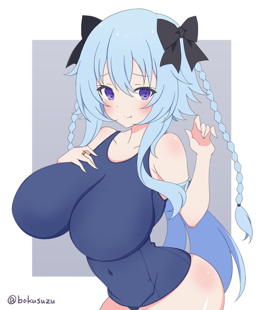 1girl, arm_ribbon, assault_lily, bare_arms, bare_shoulders, black_bow, blue_hair, blue_one-piece_swimsuit