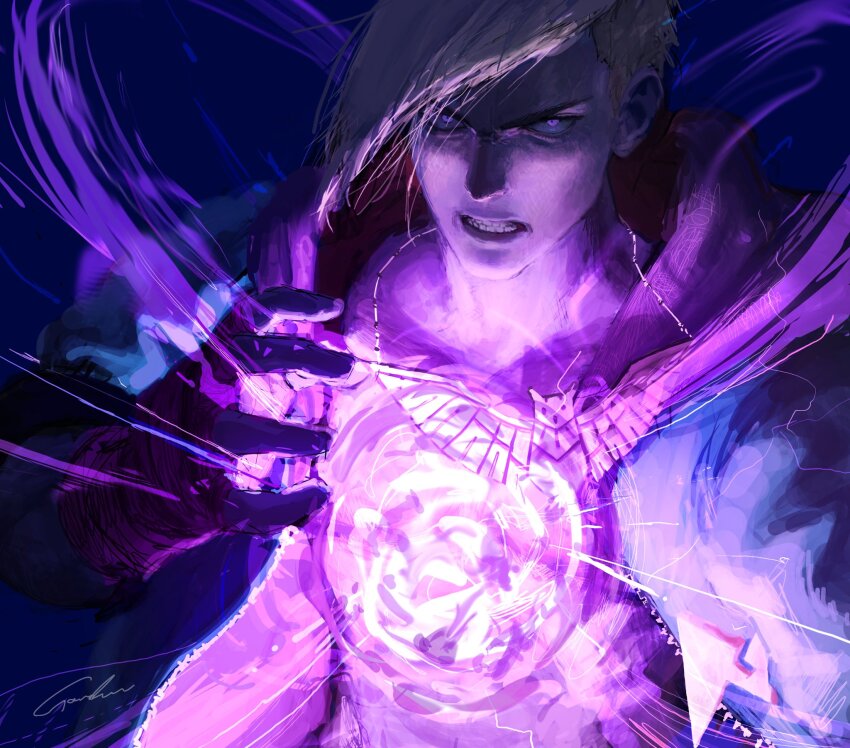 1boy, arm_up, asymmetrical_hair, blonde_hair, blue_background, clenched_teeth, collarbone, ed_(street_fighter)