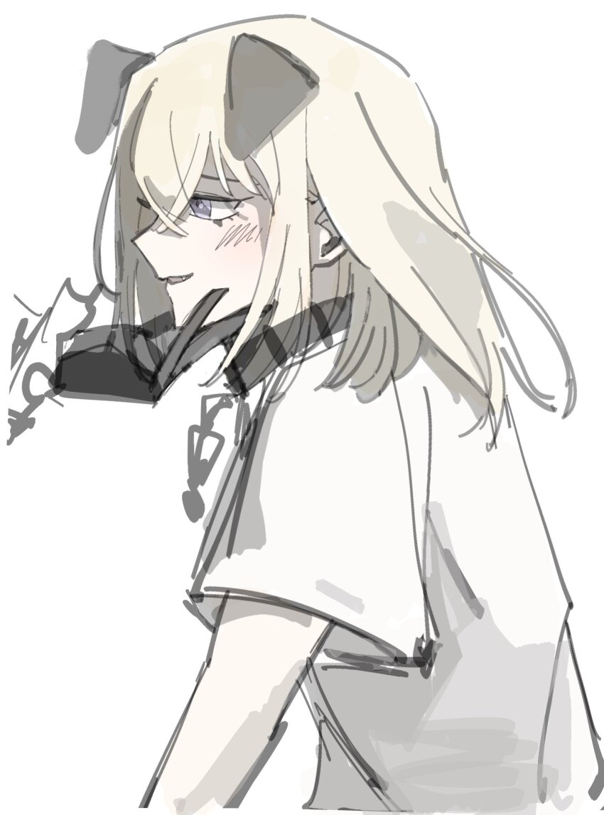 2b_(nier:automata), 2girls, animal_ears, bang_dream!, bang_dream!_it's_mygo!!!!!, black_gloves, blonde_hair, blush, collar, commentary, dog_ears, fang, gloves, hand_on_another's_chin, highres, kemonomimi_mode, kira_reader, medium_hair, misumi_uika, multiple_girls, parted_lips, purple_eyes, shirt, short_sleeves, simple_background, togawa_sakiko, white_background, white_shirt, yuri