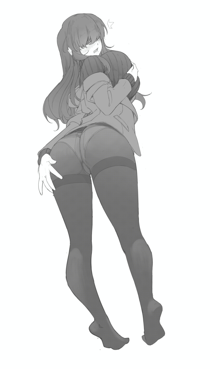 1girl, absurdres, accidental_exposure, ass, ass_focus, black_hair, black_pantyhose, blazer, blush, breasts, embarrassed, female_focus, from_behind, full_body, grabbing_own_breast, greyscale, hair_over_eyes, hand_on_own_chest, highres, hornfelstone, huge_breasts, jacket, kakure_meme, kimi_no_koto_ga_dai_dai_dai_dai_daisuki_na_100-nin_no_kanojo, long_hair, monochrome, ohananomitsu_high_school_uniform, open_mouth, panties, pantyhose, school_uniform, simple_background, sketch, solo, sweater, thighband_pantyhose, thighs, underwear, white_background, white_panties