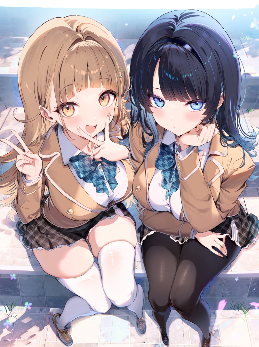 2girls, black_hair, black_pantyhose, black_skirt, blue_bow, blue_bowtie, blue_eyes, blunt_bangs, blush, bow, bowtie, breasts, brown_eyes, brown_hair, brown_shoes, cardigan, fingernails, foreshortening, from_above, head_rest, highres, hotta_akari, ippanjin_no_ore_wo_geinou-ka_joshi-tachi_ga_nigashite_kurenai_ken., kat_(bu-kunn), large_breasts, long_hair, minase_nagisa_(ippanjin_no_ore_wo_geinou-ka_joshi-tachi_ga_nigashite_kurenai_ken), miniskirt, multiple_girls, pantyhose, plaid_clothes, plaid_skirt, school_uniform, shoes, sitting, skindentation, skirt, thighhighs, v, v_over_mouth, white_skirt, white_thighhighs, zettai_ryouiki