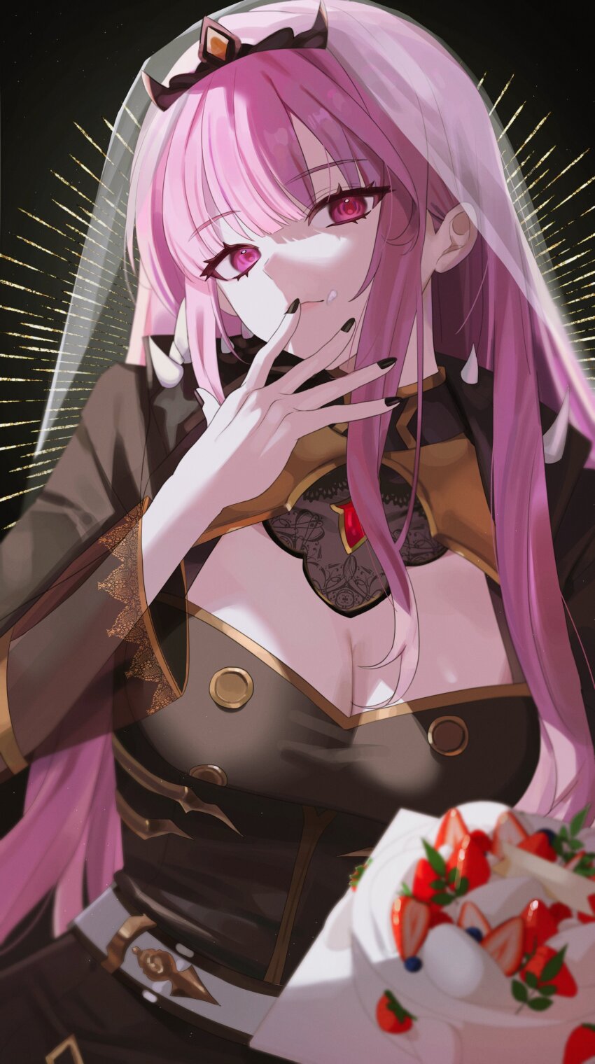 1girl, absurdres, birthday_cake, black_cape, black_tiara, breasts, cake, cape