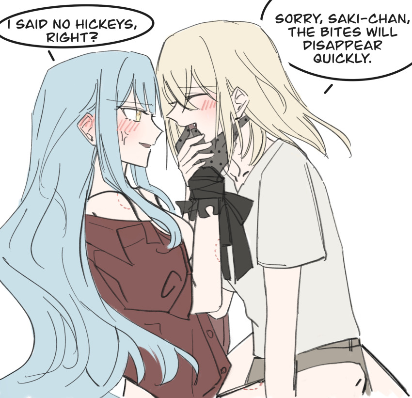 2girls, anger_vein, bang_dream!, bang_dream!_it's_mygo!!!!!, bite_mark, bite_mark_on_arm, bite_mark_on_shoulder, bite_mark_on_thigh, black_gloves, blonde_hair, blue_hair, blush, bound, bound_wrists, chinese_commentary, closed_eyes, commentary_request, ear_blush, english_text, fang, finger_in_another's_mouth, gloves, grey_panties, hand_on_another's_face, highres, kira_reader, long_hair, medium_hair, misumi_uika, multiple_girls, off_shoulder, open_mouth, panties, parted_lips, procreate_(medium), red_shirt, shirt, speech_bubble, togawa_sakiko, underwear, white_shirt, yellow_eyes, yuri