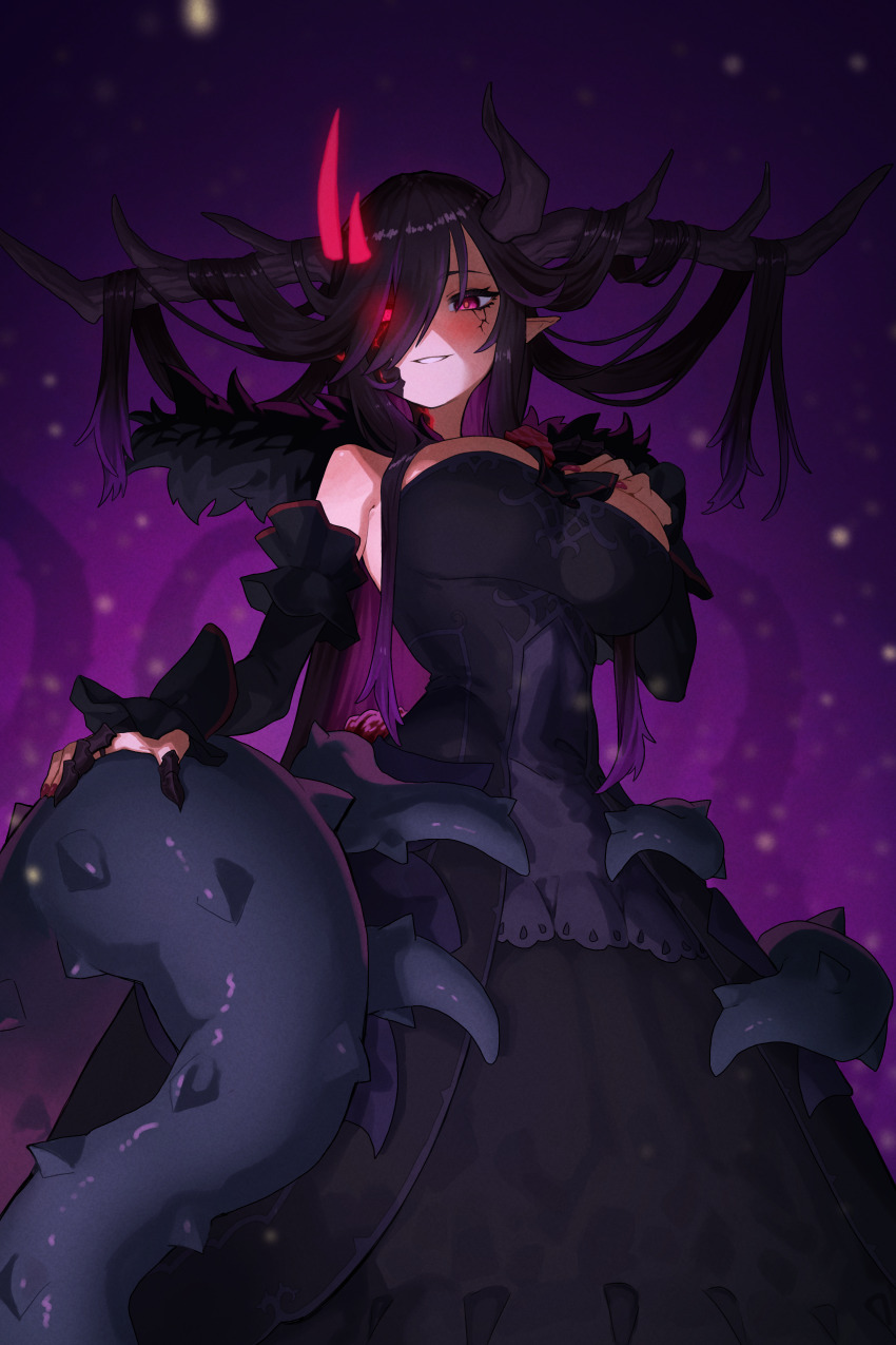 1girl, absurdres, antlers, bare_shoulders, black_dress, black_hair, black_sleeves, breasts