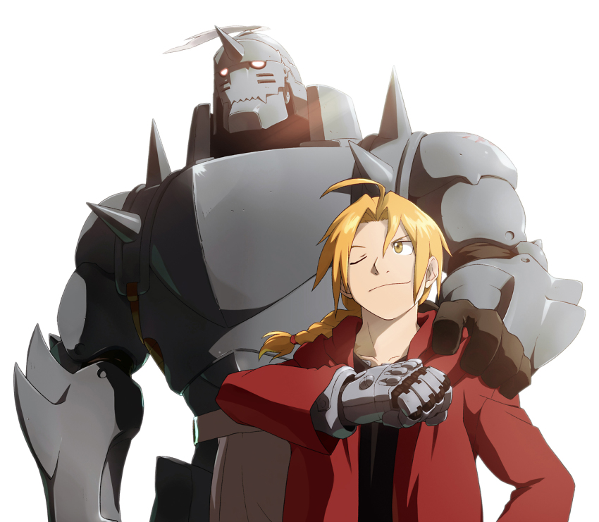 2boys, ahoge, akihiro_(a2), alphonse_elric, armor, blonde_hair, braid, brothers, edward_elric, fullmetal_alchemist, hand_on_shoulder, highres, multiple_boys, one_eye_closed, siblings, simple_background, wink