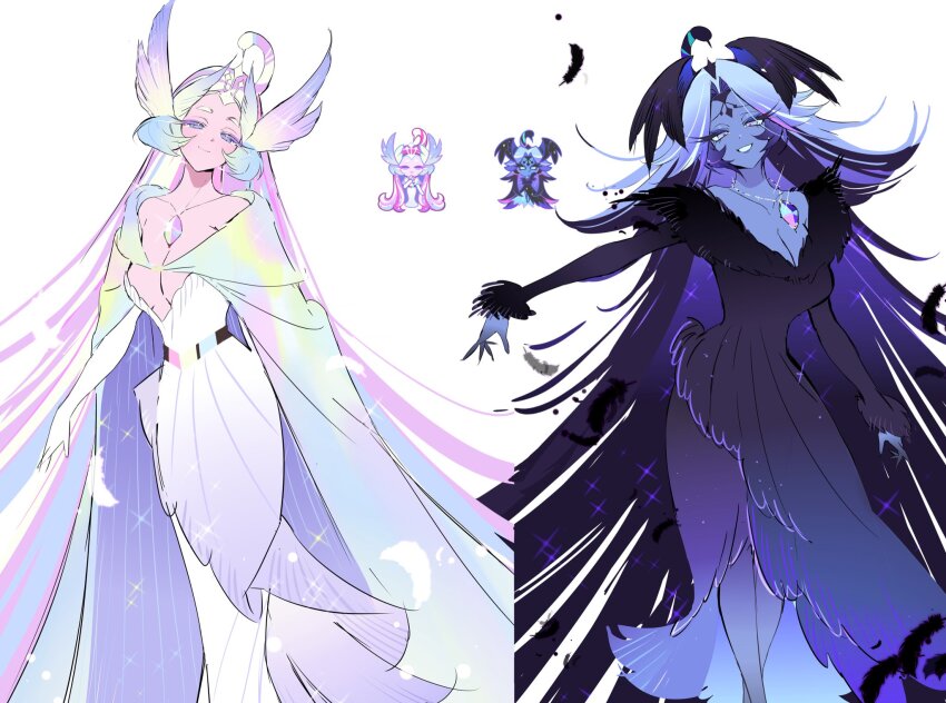 1girl, black_sugar_swan_cookie, breasts, cleavage, closed_eyes, colored_skin, cookie_run, cookie_run:_ovenbreak, dress, dual_persona, feather_hair_ornament, feathered_wings, feathers, hair_ornament, highres, humanization, large_breasts, long_hair, looking_at_viewer, multicolored_hair, ohta_guk_hip, own_hands_together, pink_hair, reference_sheet, short_eyebrows, smile, solo, sugar_swan_cookie, very_long_hair, white_dress, white_hair, wings