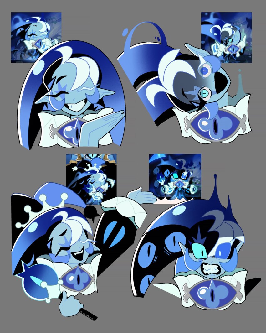 1boy, angry, blue_eyes, blue_hat, blue_skin, colored_skin, cookie_run, cookie_run:_kingdom, hat, highres, humanization, jester_cap, jewelry, long_hair, long_sleeves, looking_at_viewer, marscarhime, personification, puffy_long_sleeves, puffy_sleeves, reference_sheet, shadow_milk_cookie, simple_background, smile, staff, teeth, very_long_hair, white_hair