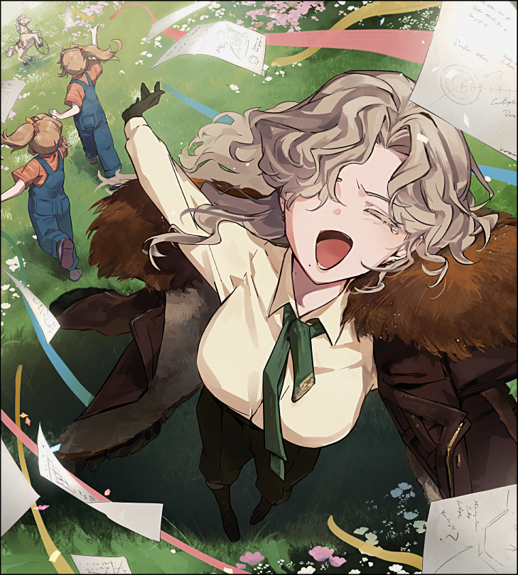 3girls, arm_out_of_sleeve, black_boots, black_gloves, blue_overalls, boots, brown_coat, brown_hair