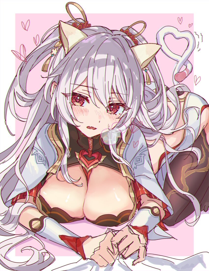 1girl, all_fours, animal_ears, black_pantyhose, blush, border, breasts, cat_ears