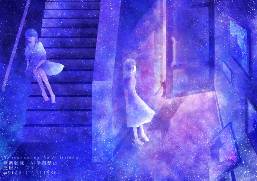 1girl, barefoot, cat, dual_persona, faceless, hallway, highres, indoors, open_door, original, painting_(object), photo_(object), picture_frame, shadow, silhouette, stairs, star_(sky), starry_skin, starry_sky_background, surreal, wakusei_habuti