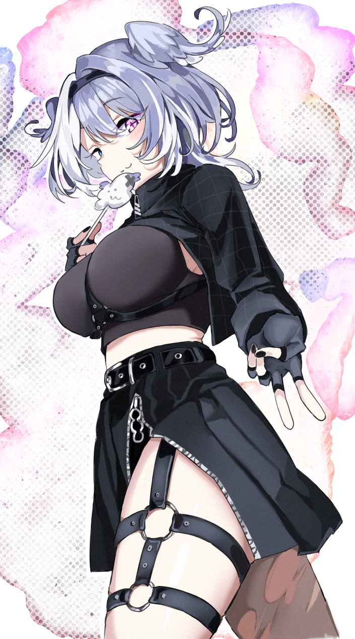 1girl, :3, aqua_eyes, black_hairband, black_nails, black_skirt, blue_hair, breasts