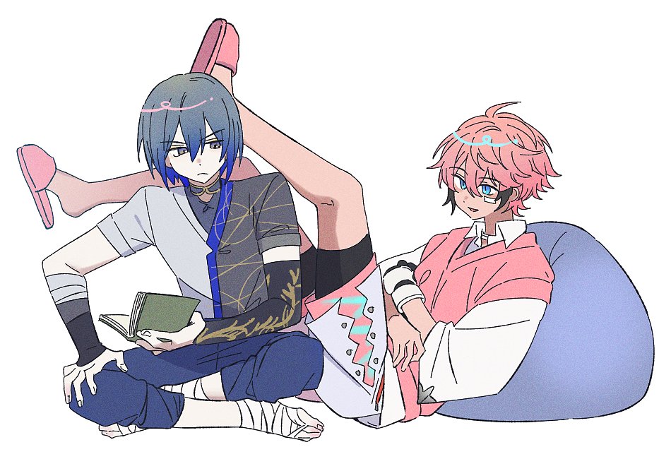 2boys, ahoge, akagi_wen, akagi_wen_(1st_costume), bandaged_foot, bandages, bandaid, bandaid_on_cheek