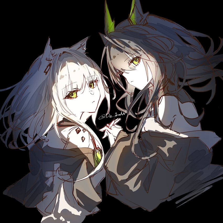 2girls, animal_ears, arknights, bare_shoulders, black_background, brown_hair, closed_mouth, commentary