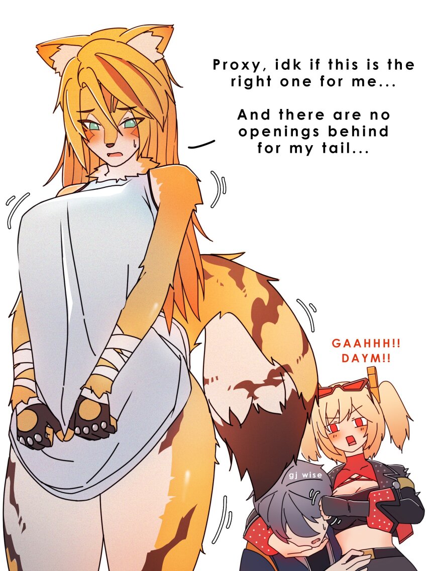 1boy, 2girls, absurdres, animal_ear_fluff, animal_ears, blonde_hair, body_fur, burnice_white