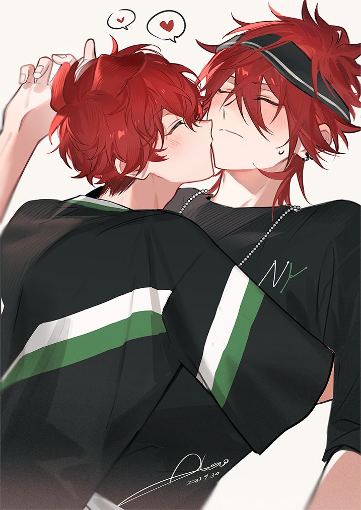 2boys, aleo, amagi_hiiro, amagi_rinne, artist_name, black_headband, black_shirt, blush