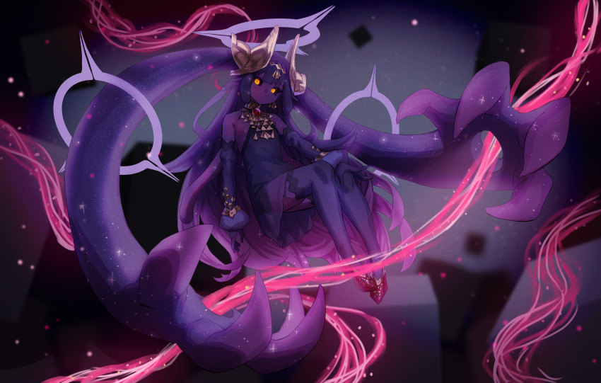 1girl, absurdres, bare_shoulders, black_dress, black_gloves, black_sclera, black_thighhighs, blue_halo