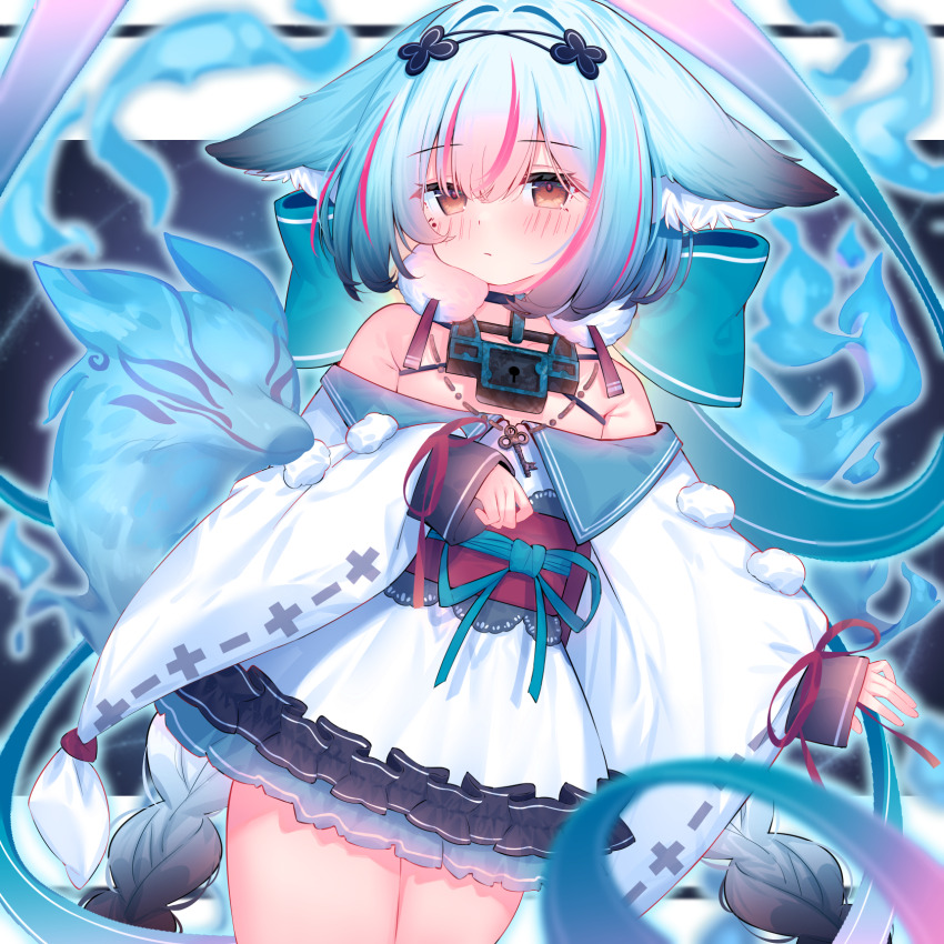 1girl, animal_ear_fluff, animal_ears, armpit_crease, back_bow, bare_shoulders, blue_bow, blue_hair, blush, bms, bow, braid, brown_eyes, clover_hair_ornament, commentary_request, commission, cowboy_shot, dress, eip_(pepai), four-leaf_clover_hair_ornament, fox, frilled_kimono, frills, hair_between_eyes, hair_intakes, hair_ornament, highres, japanese_clothes, kimono, large_bow, lock, long_hair, long_sleeves, looking_at_viewer, multicolored_hair, obi, obijime, off-shoulder_dress, off_shoulder, original, padlock, padlocked_collar, pink_hair, pom_pom_(clothes), red_ribbon, ribbon, ribbon-trimmed_sleeves, ribbon_trim, sash, short_kimono, sleeve_ribbon, solo, streaked_hair, twin_braids, very_long_hair, white_kimono, wide_sleeves