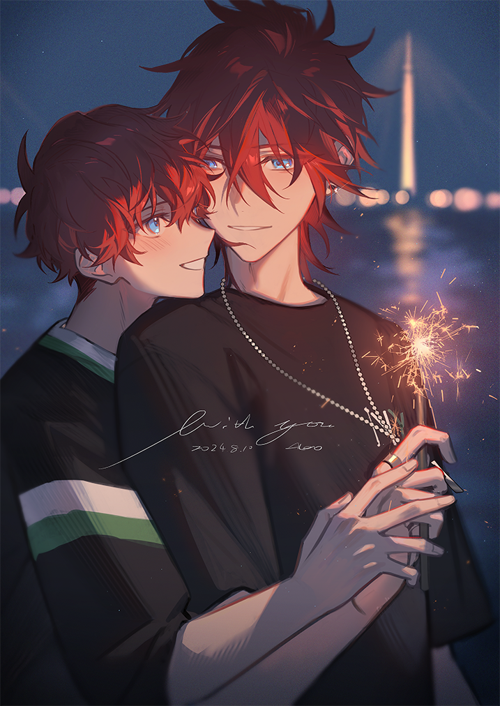 2boys, aleo, amagi_hiiro, amagi_rinne, black_shirt, blue_eyes, blurry, blurry_background