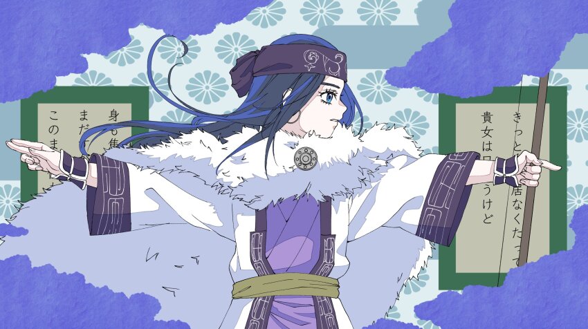 1girl, ainu, ainu_clothes, archery, asirpa, ayame_(adbn_00), blue_background, blue_eyes, blue_hair, bow_(weapon), cape, cowboy_shot, egasumi, floating_hair, fur_cape, golden_kamuy, headband, highres, holding, holding_bow_(weapon), holding_weapon, index_finger_raised, jacket, kyuudou, long_hair, long_sleeves, looking_to_the_side, lyrics, manimani_(vocaloid), outstretched_arms, parody, patterned_background, profile, purple_headband, purple_robe, robe, sash, solo, spread_arms, standing, translation_request, weapon, white_jacket, yellow_sash, yumi_(bow)