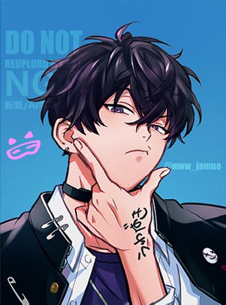 1boy, artist_name, black_choker, black_hair, black_jacket, blue_background, choker, closed_mouth