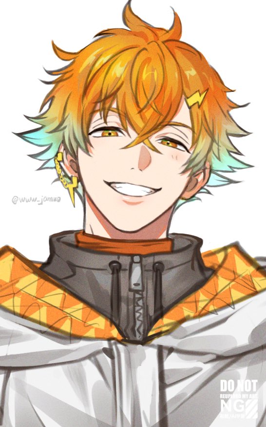 1boy, aqua_hair, artist_name, commentary_request, crossed_bangs, drawstring, earrings, gradient_hair