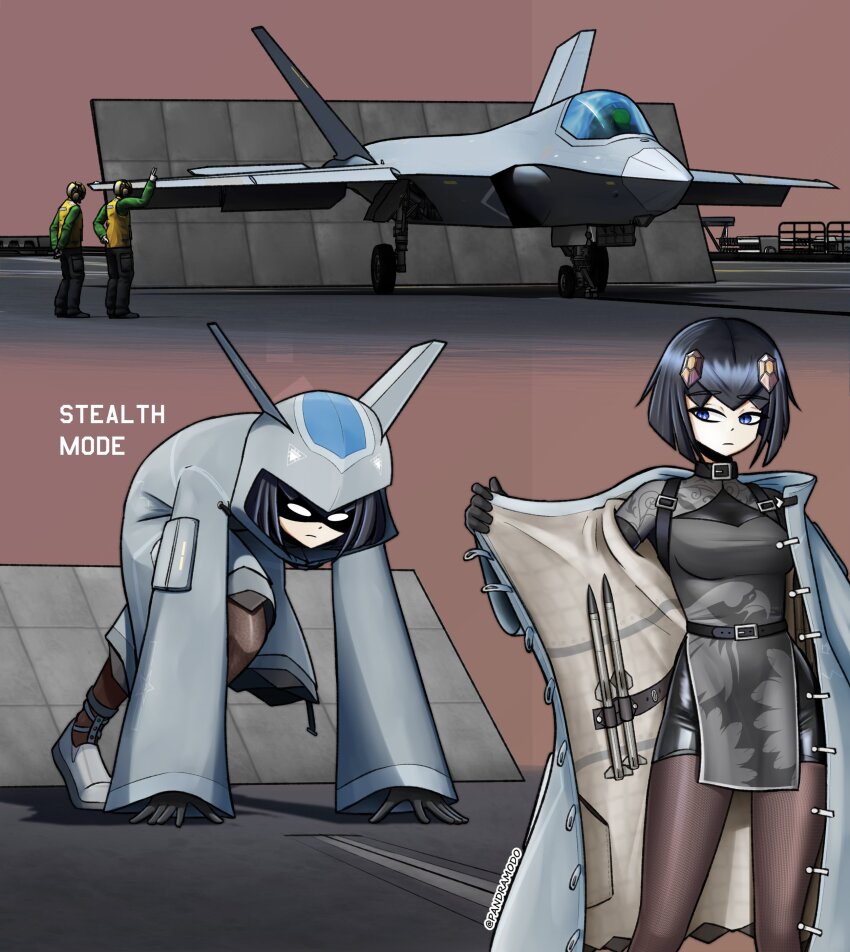 1girl, absurdres, aircraft, airplane, belt, black_gloves, black_hair, blue_eyes, breasts, chengdu_j-36, china_dress, chinese_clothes, coat, dress, english_text, expressionless, eyes_in_shadow, fighter_jet, full_body, gloves, grey_coat, hair_ornament, hairpin, highres, hood, kneeling, long_sleeves, mecha_musume, medium_breasts, military_vehicle, missile, multiple_views, open_clothes, open_coat, original, pandramodo, pantyhose, people's_liberation_army, people's_liberation_army_air_force, personification, shaded_face, shenyang_j-35, short_hair, silver_coat, smile