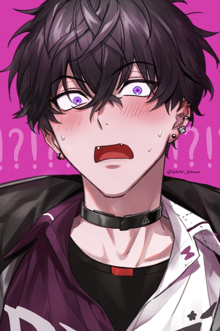 1boy, artist_name, black_choker, black_hair, black_shirt, blush, choker, collarbone