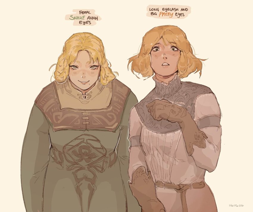 116116116el, 2girls, blonde_hair, bob_cut, braid, braided_hair_rings, cowboy_shot, dress