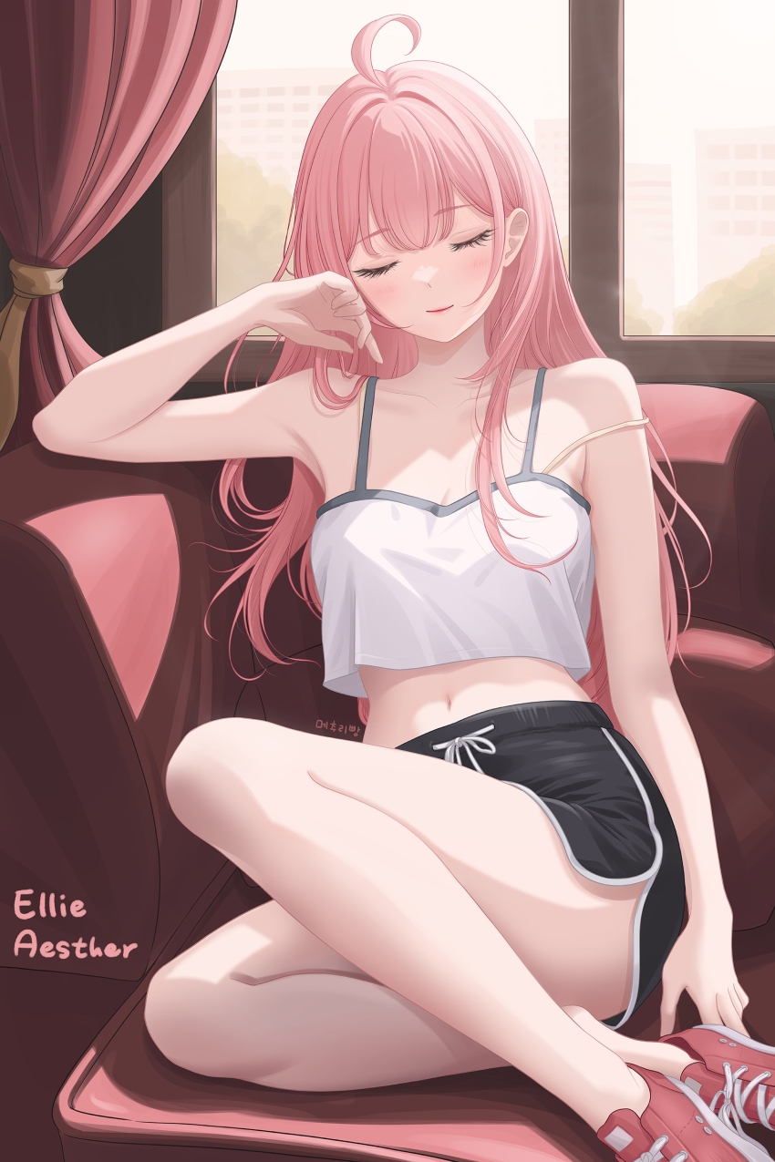 1girl, absurdres, ahoge, arm_up, armpits, bare_arms, bare_legs, bare_shoulders