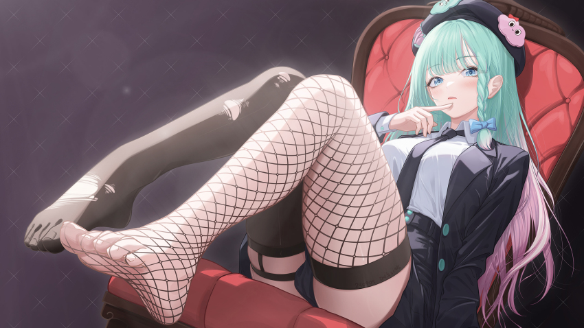 1girl, aqua_hair, black_hat, black_jacket, black_necktie, black_skirt, black_thighhighs, blazer