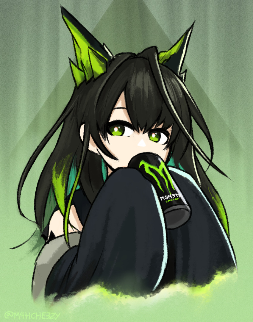 1girl, arknights, black_hair, black_jacket, breasts, bright_pupils, can, character_name