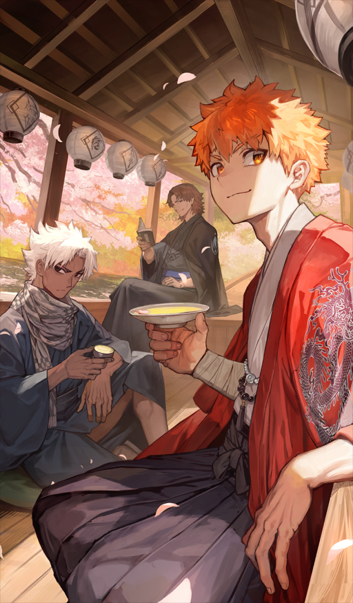 3boys, beads, black_hakama, black_haori, black_kimono, blue_kimono, blue_sash, book, brown_eyes, brown_hair, chaldea_boys_collection, charlemagne_no_montjoie_kishidou!, cherry_blossoms, closed_mouth, commentary_request, crossed_legs, cup, curtained_hair, dark-skinned_male, dark_skin, dutch_angle, emiya_kiritsugu, emiya_kiritsugu_(assassin), emiya_kiritsugu_(being_in_the_same_boat), emiya_shirou, fate/grand_order, fate_(series), frown, grey_scarf, grigori_rasputin_(being_in_the_same_boat)_(fate), grigori_rasputin_(fate), hakama, haori, holding, holding_book, holding_cup, japanese_clothes, kimono, knee_up, kotomine_kirei, lack, lantern, long_sleeves, looking_to_the_side, male_focus, medium_hair, multiple_boys, obi, official_art, open_book, orange_eyes, orange_hair, outdoors, paper_lantern, petals, pink_petals, red_haori, sakazuki, sash, scarf, senji_muramasa_(being_in_the_same_boat)_(fate), senji_muramasa_(fate), short_hair, sitting, smile, sunlight, third-party_source, water, white_hair, white_kimono, wide_sleeves