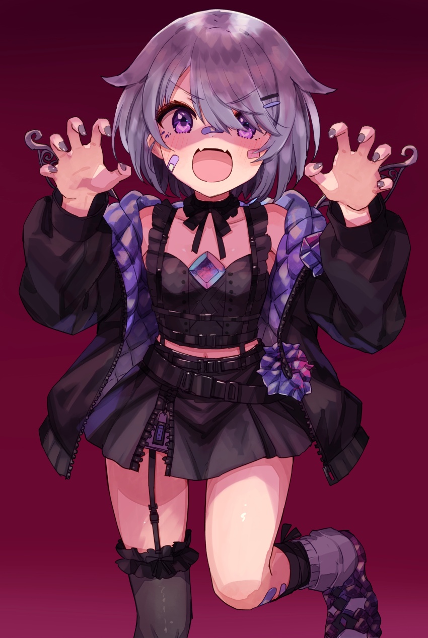 1girl, absurdres, bandaid, bandaid_on_face, black_jacket, black_skirt, breasts, claw_pose