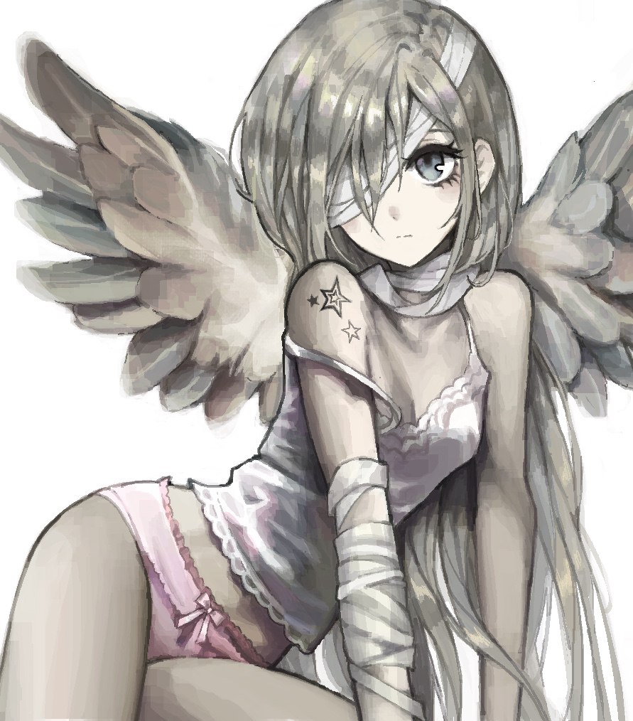 1girl, angel_wings, arm_support, arm_tattoo, bandage_over_one_eye, bandaged_arm, bandages, blonde_hair