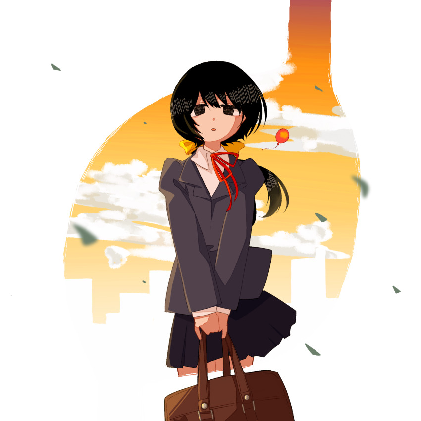 1girl, bag, balloon, black_eyes, black_hair, black_skirt, border, brown_bag