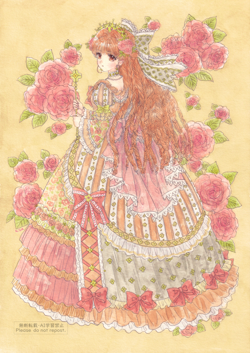 1girl, bow, crown, dress, dress_bow, earrings, floral_print, floral_print_dress