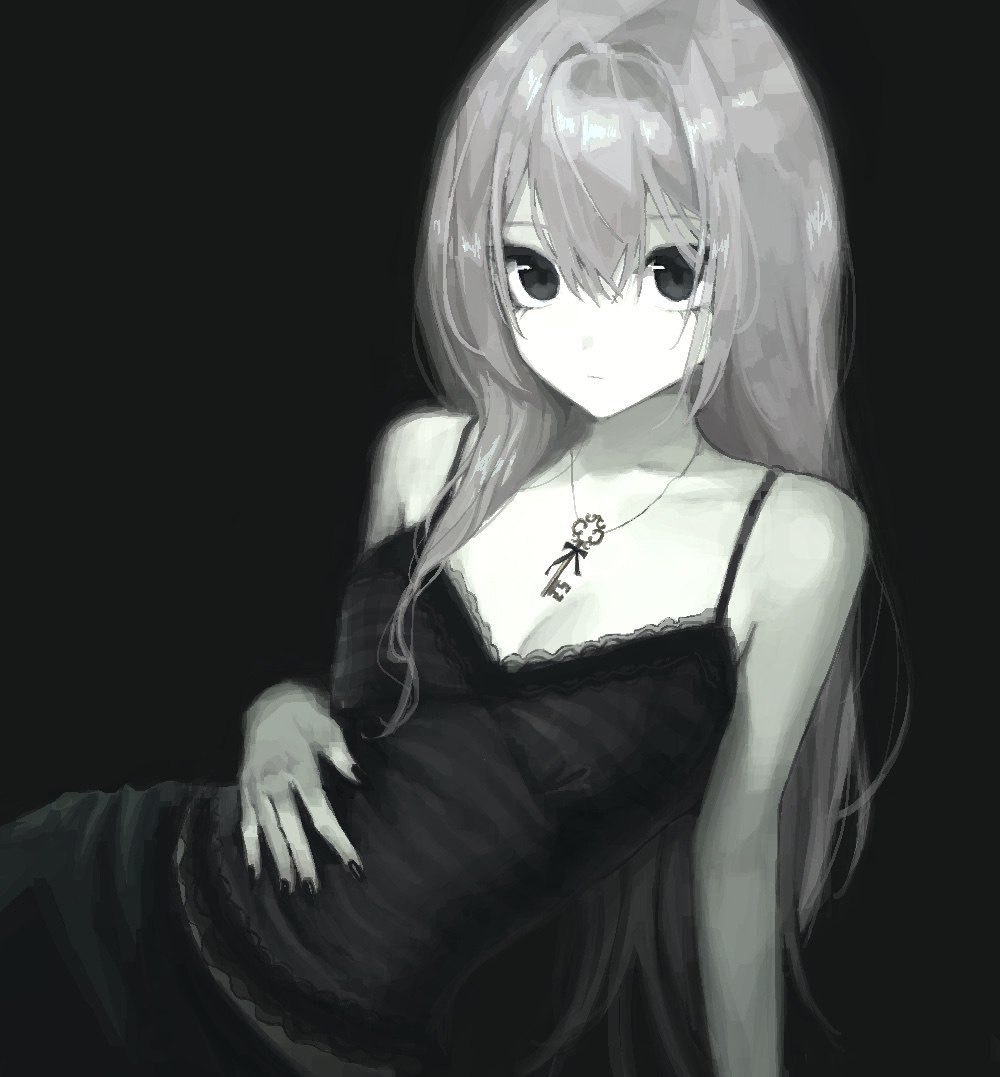 1girl, black_background, black_camisole, black_eyes, black_skirt, breasts, camisole, cleavage