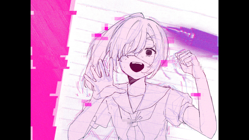 1girl, against_fourth_wall, clenched_hand, create-girl_(vocaloid), desperation, eyepatch, glitch, hair_over_one_eye