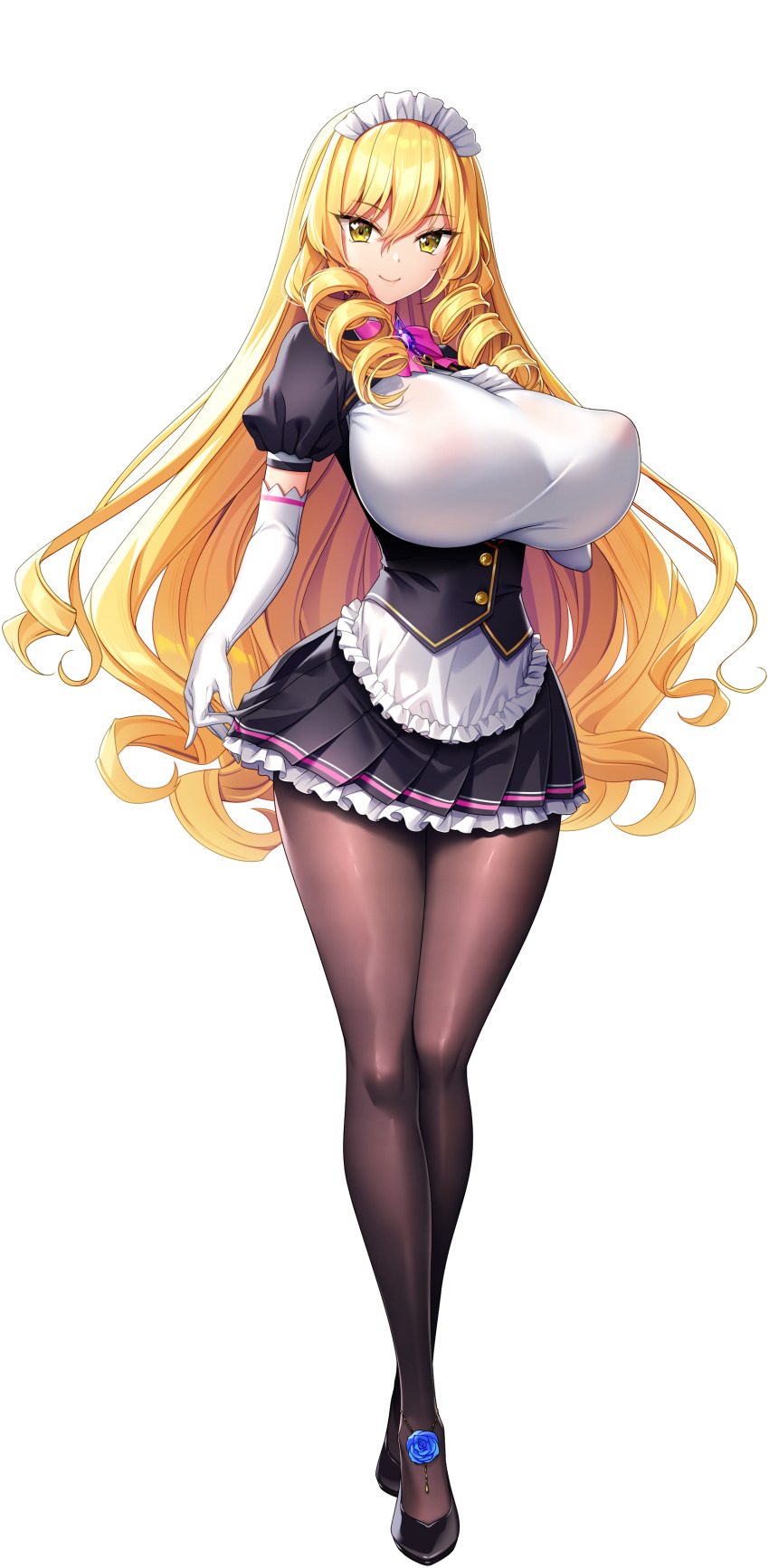 1girl, absurdres, akagi_rio, apron, black_gloves, black_pantyhose, blonde_hair, bow