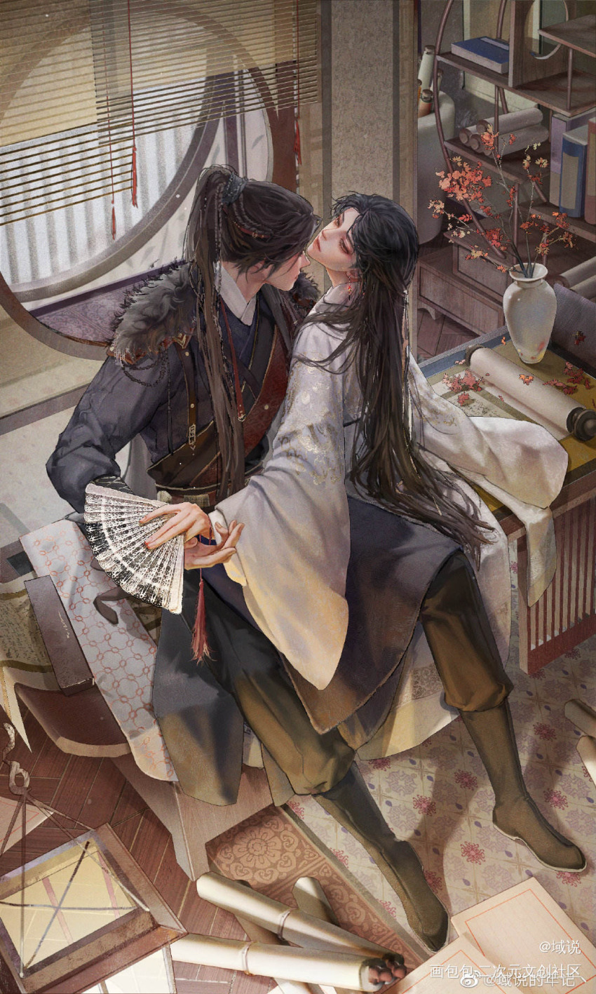 2boys, black_boots, black_cape, black_hair, black_pants, blue_hanfu, book, boots, braid, cape, chinese_clothes, chinese_commentary, earrings, flower, folding_fan, full_body, fur-trimmed_cape, fur_trim, half-closed_eyes, hand_fan, hanfu, high_ponytail, highres, holding, holding_fan, holding_hands, jewelry, long_hair, long_sleeves, looking_at_another, male_focus, multiple_boys, multiple_braids, pants, parted_lips, ponytail, qiang_jin_jiu, red_flower, round_window, scroll, shelf, shen_zechuan, single_earring, sitting, sitting_on_table, tassel, vase, watermark, weibo_watermark, white_hanfu, wide_sleeves, window, window_blinds, xiao_chiye, yaoi, yu_shuo_de_nian_ji_zhu