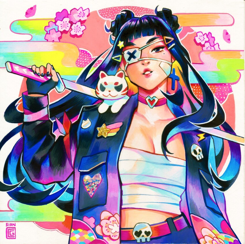 1girl, art_trade, artist_name, belt, black_eyes, black_hair, blue_gloves, blue_hair, blue_nails, breasts, choker, cleavage, colored_inner_hair, commentary, delinquent, egasumi, english_commentary, eyepatch, fingerless_gloves, flower, glitter_(medium), gloves, gouache_(medium), hair_ornament, hairclip, heart, highres, holding, holding_sword, holding_weapon, jacket, large_breasts, long_hair, looking_at_viewer, mole, mole_under_eye, multicolored_hair, nail_polish, open_clothes, open_jacket, original, painting_(medium), parted_lips, pink_hair, purple_hair, rian_gonzales, sarashi, skull, solo, star_(symbol), sukeban, sword, traditional_media, watercolor_(medium), weapon