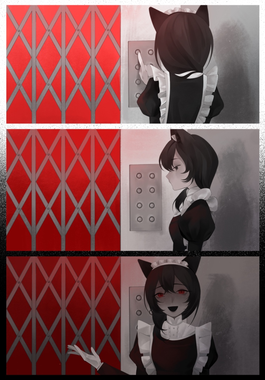 1girl, absurdres, animal_ears, apron, border, cat_ears, cat_girl, chikyuu_no_ura_(cevio), commentary, elevator, elevator_door, elevator_operator, english_commentary, gradient_border, hair_over_shoulder, hand_up, highres, iyowa_girls, juliet_sleeves, long_hair, long_sleeves, looking_at_viewer, maid, maid_apron, maid_headdress, moonmart, open_mouth, partially_colored, pressing_button, puffy_sleeves, red_eyes, sequential, smile, turning_around, ura_(iyowa)