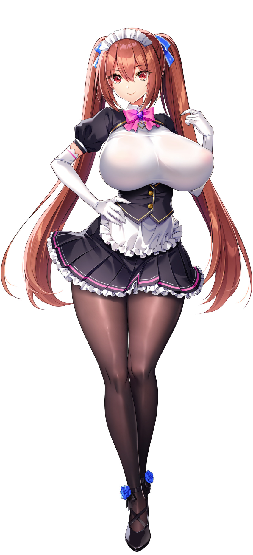 1girl, absurdres, akagi_rio, apron, arm_up, black_pantyhose, blue_ribbon, bow, bowtie, breasts, brooch, brown_hair, collar_jewel, elbow_gloves, femme_de_menage_maid_academy_uniform, flower, footwear_flower, frilled_apron, frills, full_body, game_cg, gem, gloves, hair_ribbon, hand_on_own_hip, heart, heart_in_eye, high_heels, highres, huge_breasts, jewelry, long_hair, look-alike, looking_at_viewer, maid, maid_apron, maid_headdress, motto!_haramase!_(series), motto!_haramase!_honoo_no_oppai_isekai_oppai_maid_gakuen!, myoudou_mei, non-web_source, official_art, pantyhose, pink_bow, pink_bowtie, purple_gem, red_eyes, ribbon, sidelocks, solo, sprite, standing, symbol_in_eye, tachi-e, transparent_background, twintails, waist_apron, white_gloves
