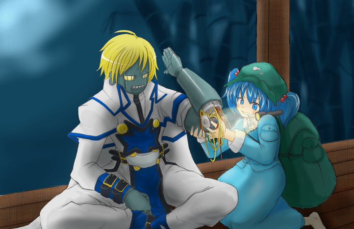 1girl, arc_system_works, backpack, bag, bamboo, blonde_hair, blue_eyes, blue_hair, cable, clothed_robot, crossover, flashlight, guilty_gear, hat, indian_style, kawashiro_nitori, kinntarou, mouth_hold, randoseru, robo-ky, robo_ky, robot, sitting, touhou, wire, wrench