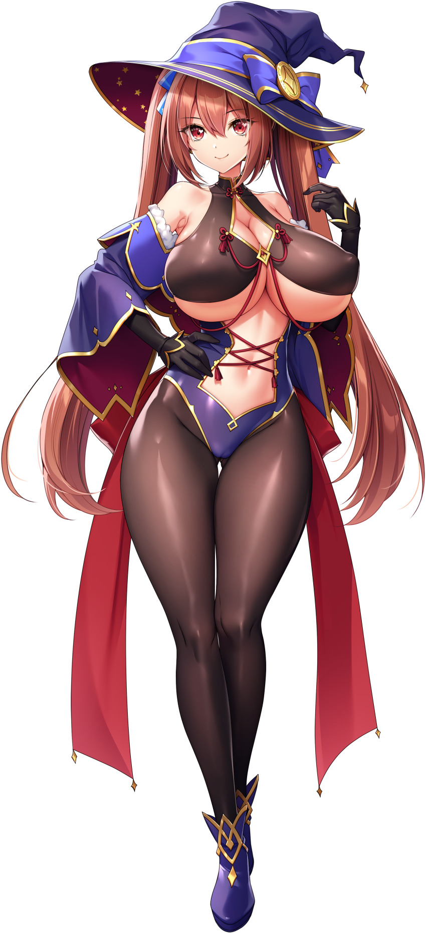 1girl, absurdres, akagi_rio, arm_up, back_bow, black_gloves, black_pantyhose, blue_leotard