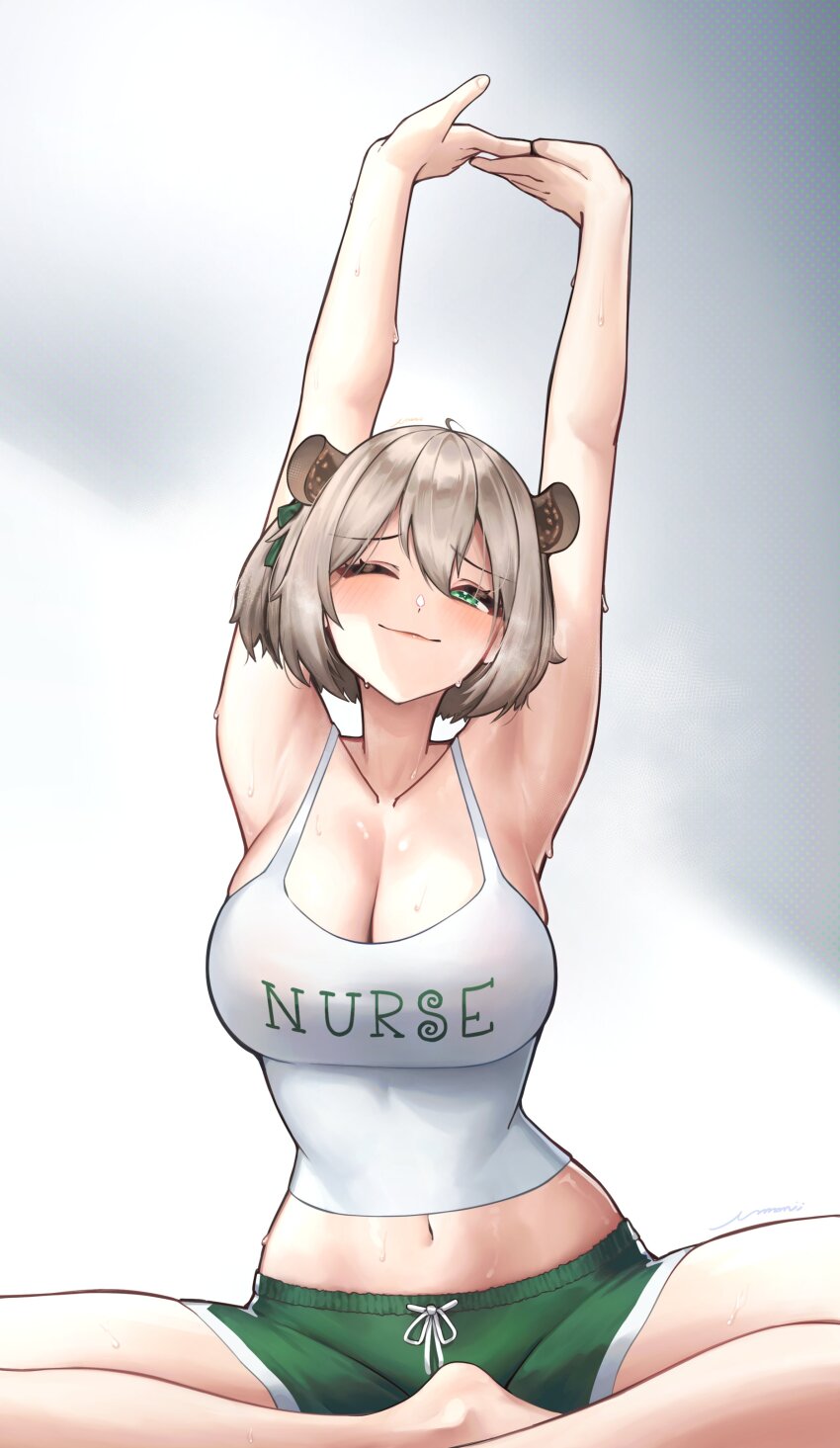 1girl, absurdres, alternate_costume, animal_ears, armpits, arms_up, bare_arms, bare_shoulders
