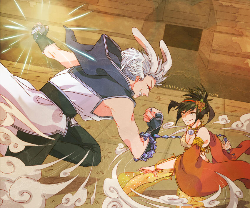 1boy, 1girl, animal_ears, belt, bikini, black_belt, black_gloves, black_hair